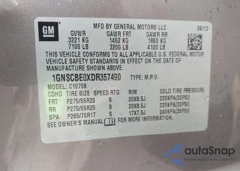 2013 Chevrolet Tahoe Lt z USA, uszkodzony, nr VIN 1GNSCBE0XDR357490